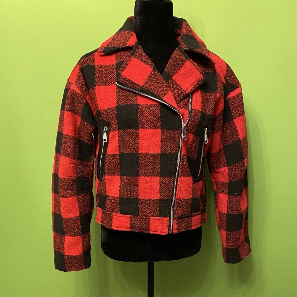 VIGOSS Buffalo Plaid Cropped Moto Jacket, size S